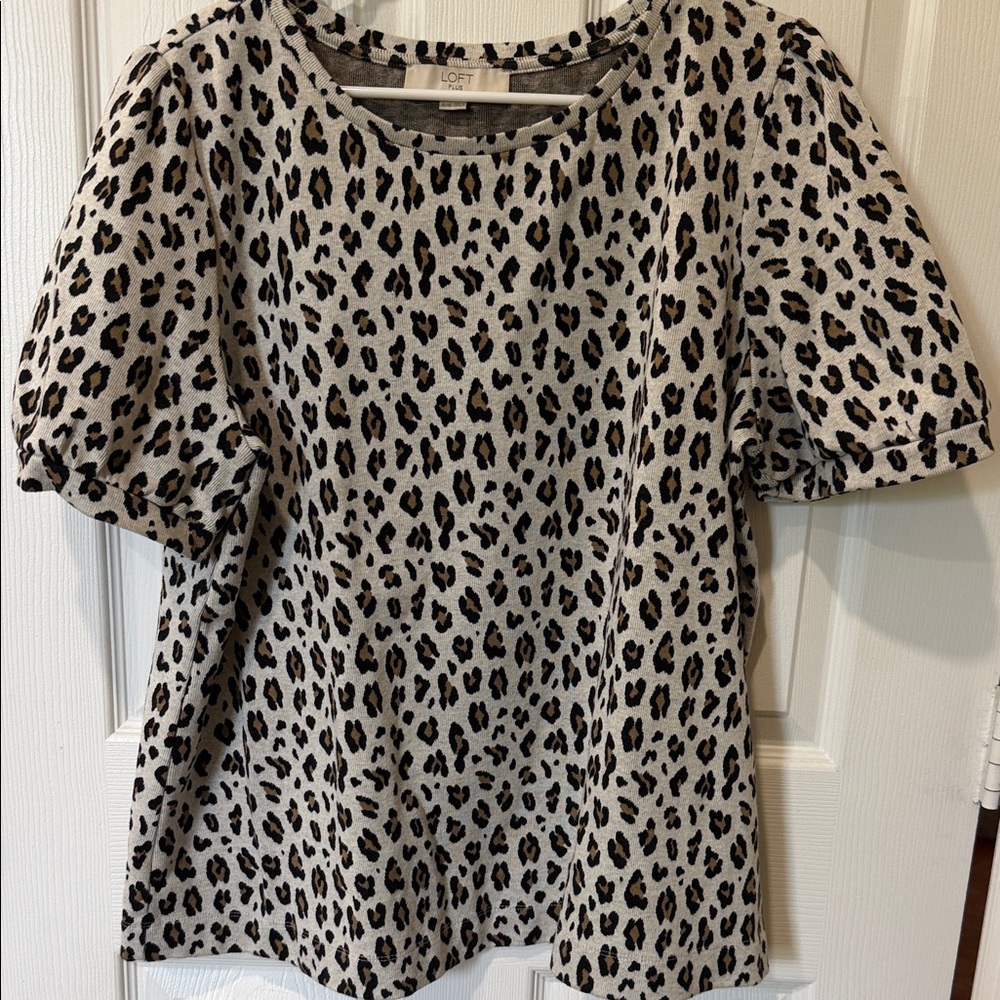 LOFT Cream Leopard Print Puff Sleeve Tee with Black and Brown Spots